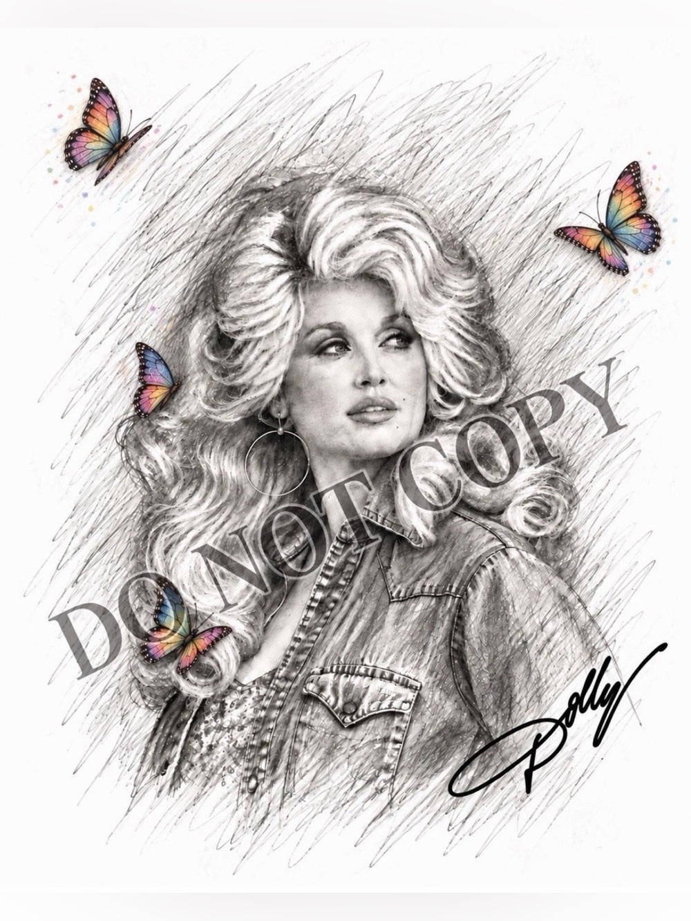 Dolly Parton Hand Drawn Sketch Art With Rainbow Butterflies 8x10 Matte Print